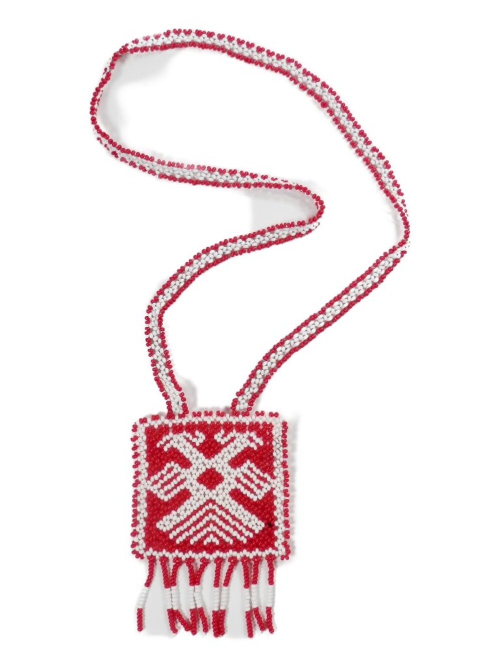 Vintage Hand Beaded Native American Square Medallion Necklace Red White